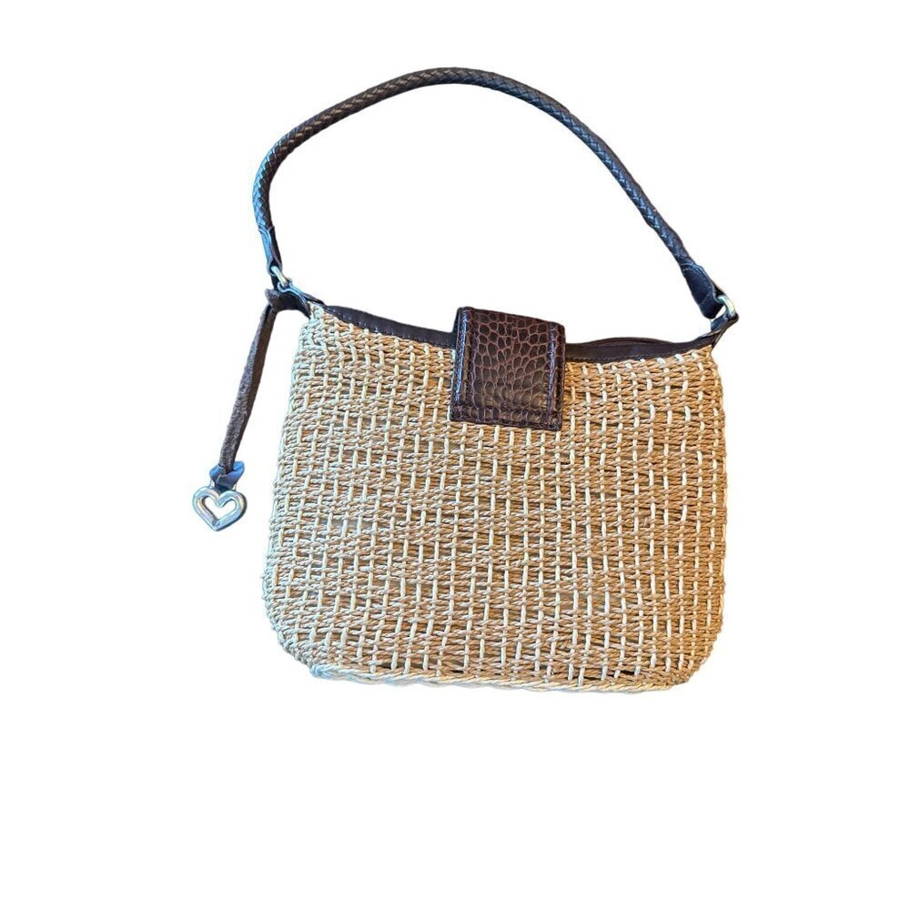 Brighton Woven Straw Shoulder Bag Leather Trim Purse Zip Top - Picture 4 of 6